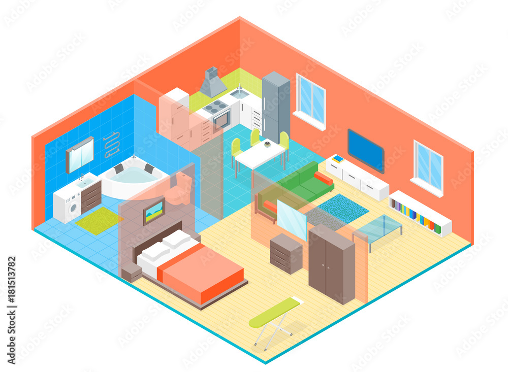 Apartment Family Rooms Interior with Furniture Isometric View. Vector