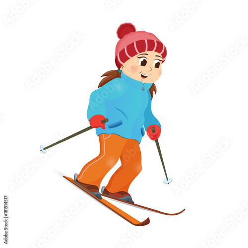 Happy funny girl in warm clothes skiing downhill, winter sport activity, retro style cartoon vector illustration isolated on white background. Happy girl skiing, winter vacation, outdoor activity