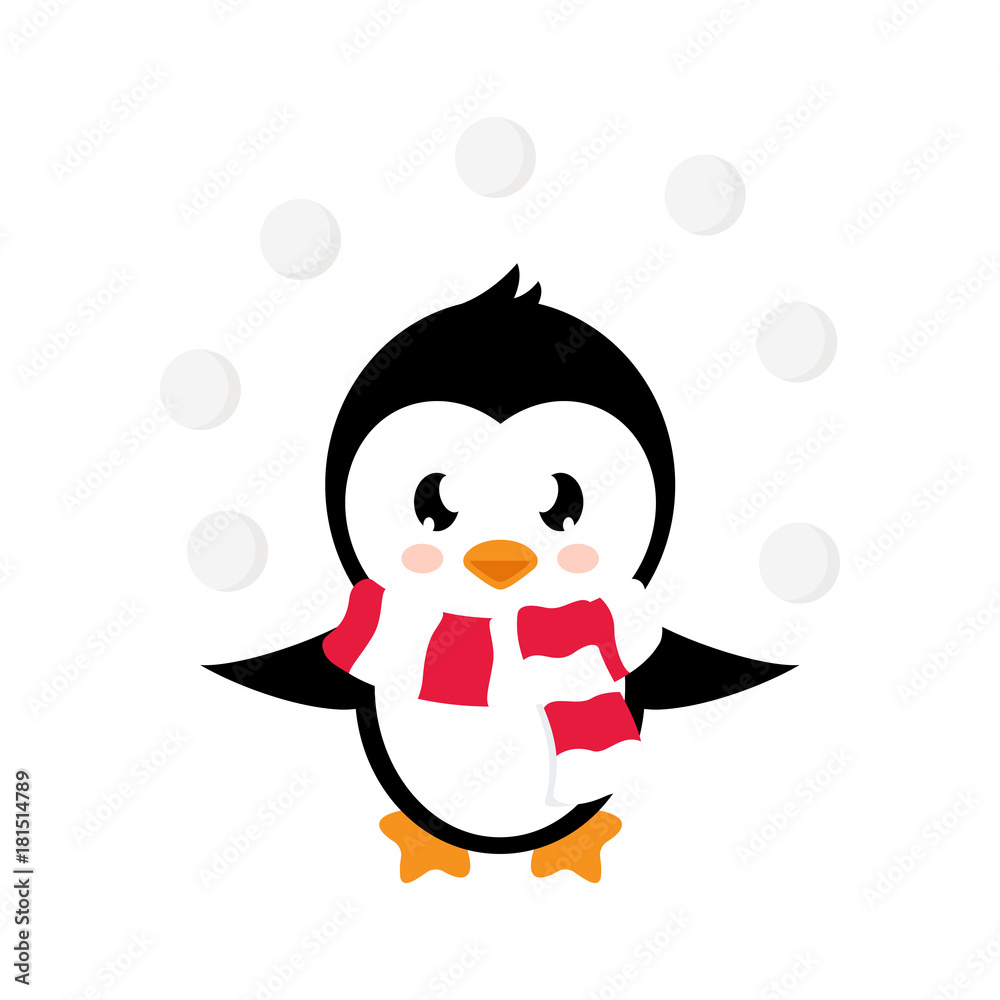 cartoon cute penguin with snowball on a white background