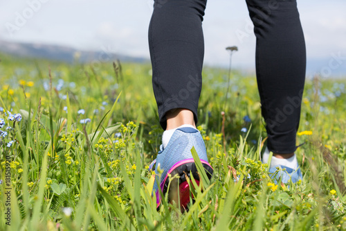 hiker legs hiking on beautiful mountain with green grass and flowers