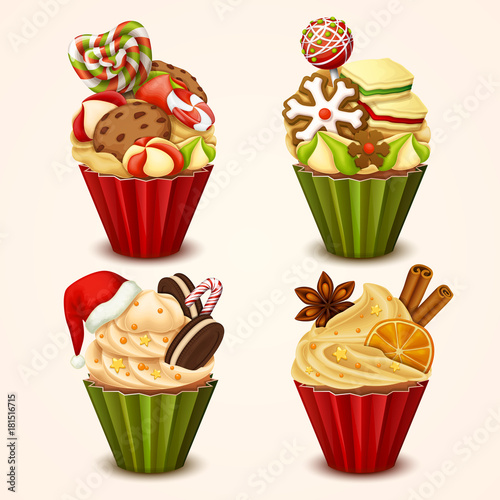 Vector Christmas cupcakes set