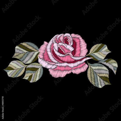 Rose embroidery. Element for design. Satin stitch imitation, vector.
