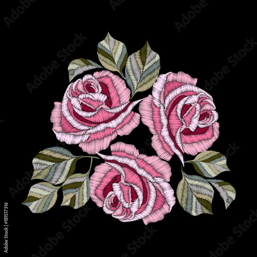 Roses embroidery, bouquet of flowers and leaves. Element for design. Satin stitch imitation, vector.
