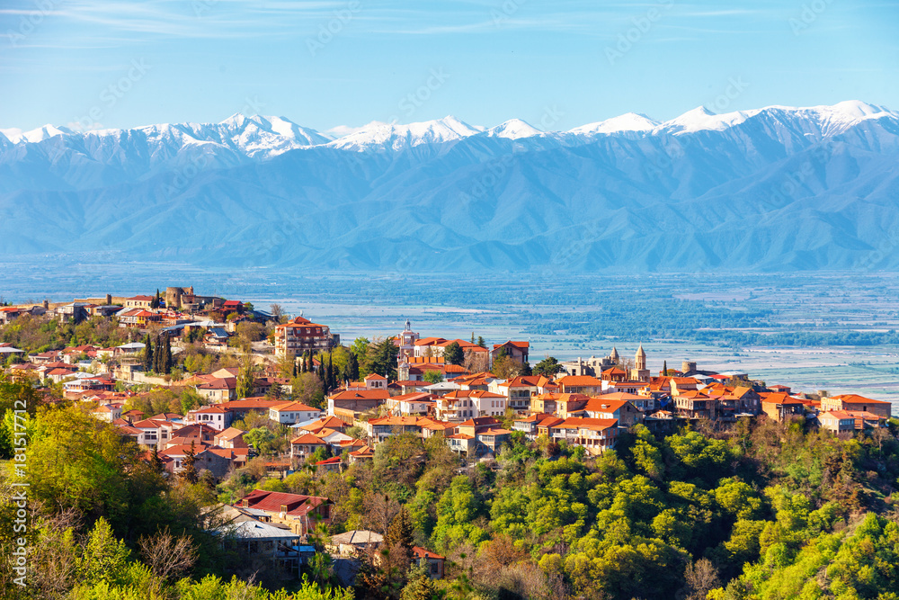 Fototapeta premium View of Signagi and Alazani Valley on the sunset