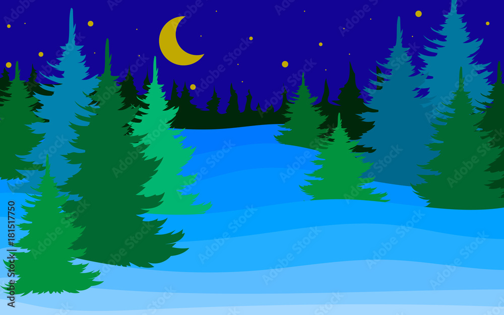 night winter landscape with fir forest on a clear frosty night with Crescent moon and stars in the sky