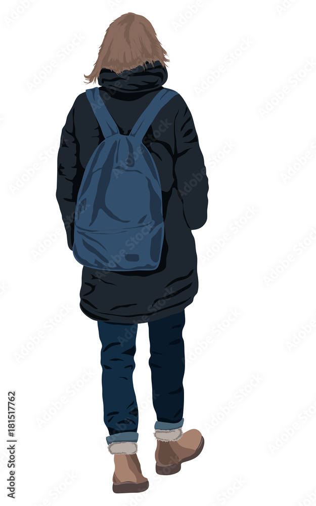 Girl in warm winter clothes isolated on white background. Young girl dressed in a dark grey jacket, hood, dark jeans trousers, backpack