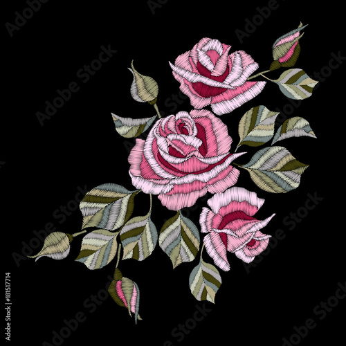 Roses embroidery, bouquet of flowers and leaves. Element for design. Satin stitch imitation, vector.