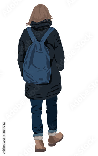Girl in warm winter clothes isolated on white background. Young girl dressed in a dark grey jacket, hood, dark jeans trousers, backpack
