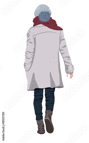 Girl in warm winter clothes isolated on white background. Back view. Grey knitted hat, grey coat, dark red scarf, and dark trousers