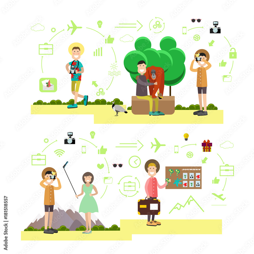 Vector set of tourist people, symbols in flat style