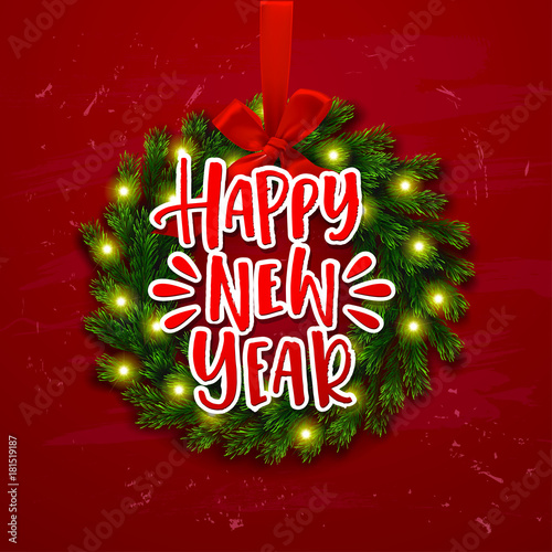  greeting card with wreath vector background. Hand drawn calligraphy. concept handwritten Happy new year.