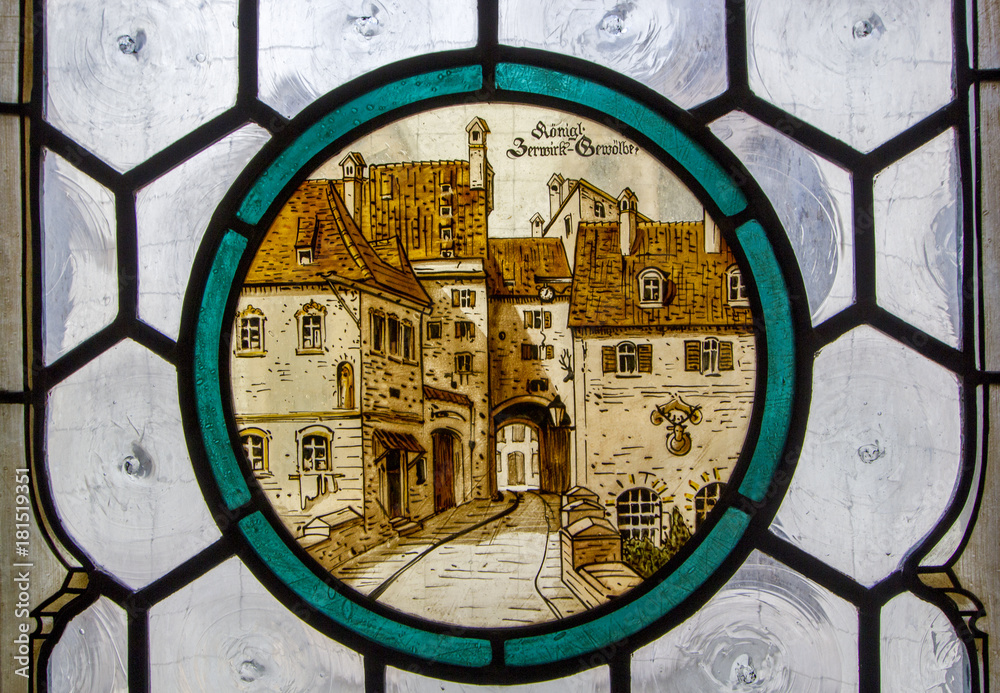 Detail of stained glass window in The Neues Rathaus or New Town Hall. Germany, Bavaria, Munich.