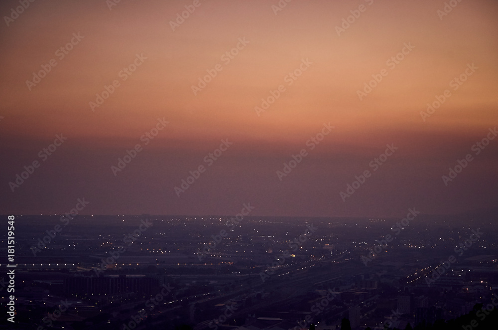 South Barcelona skyline at the sunrise in november from Montjuic Mountain