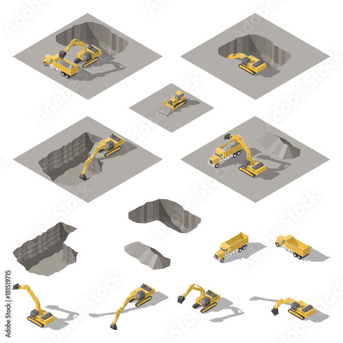 Excavator and bulldozer digs a pit on the construction site isometric icon set