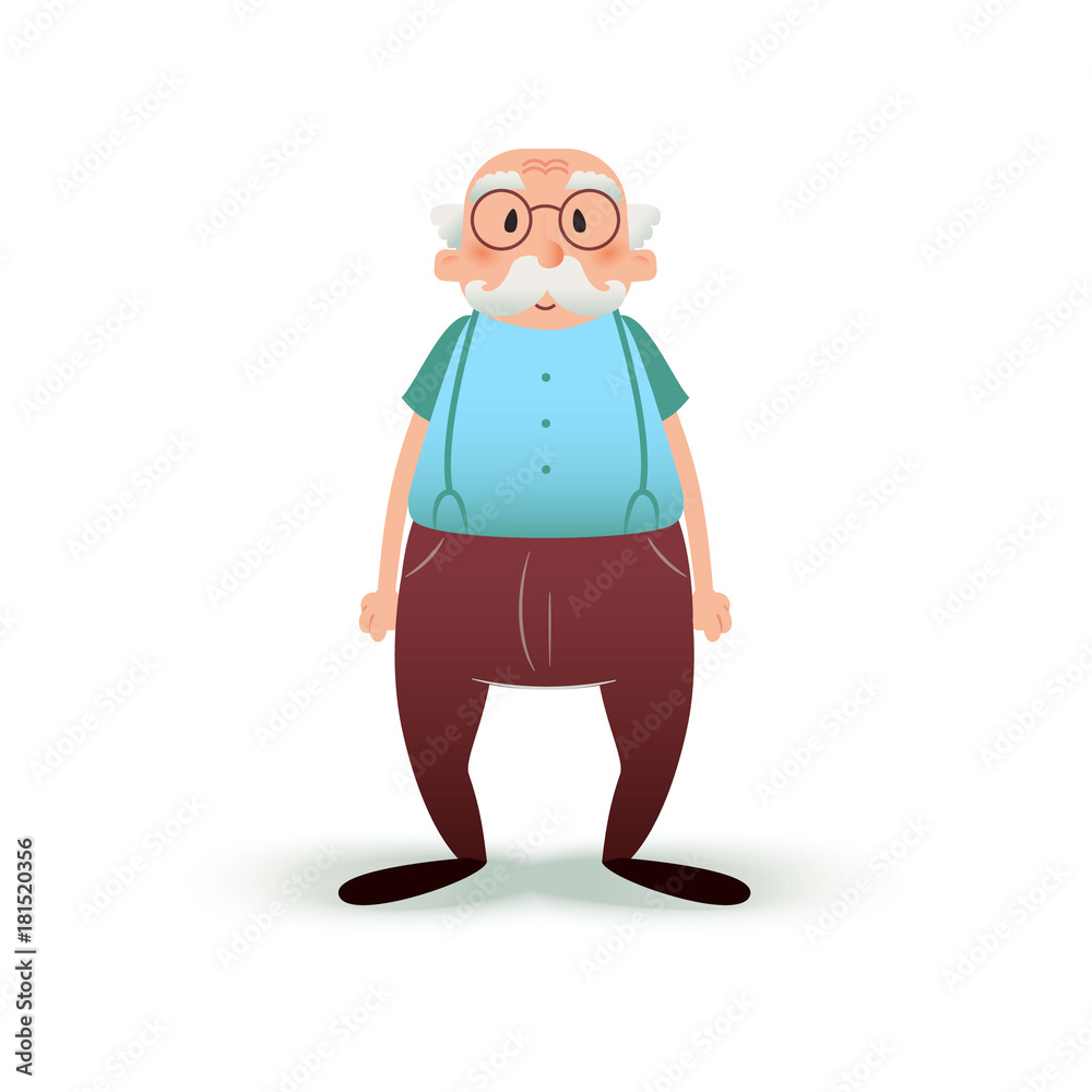 Funny cartoon old man character. Senior in glasses and with a mustache. Grandfather illustration isolated on white background. Elder man in pants on suspenders