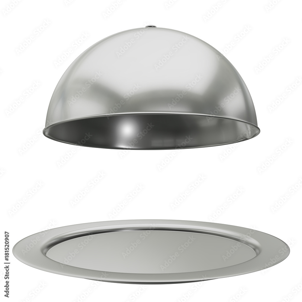 Restaurant cloche on plate open. 3d render isolated on white Restaurant cloche on plate open. 3d render isolated on white