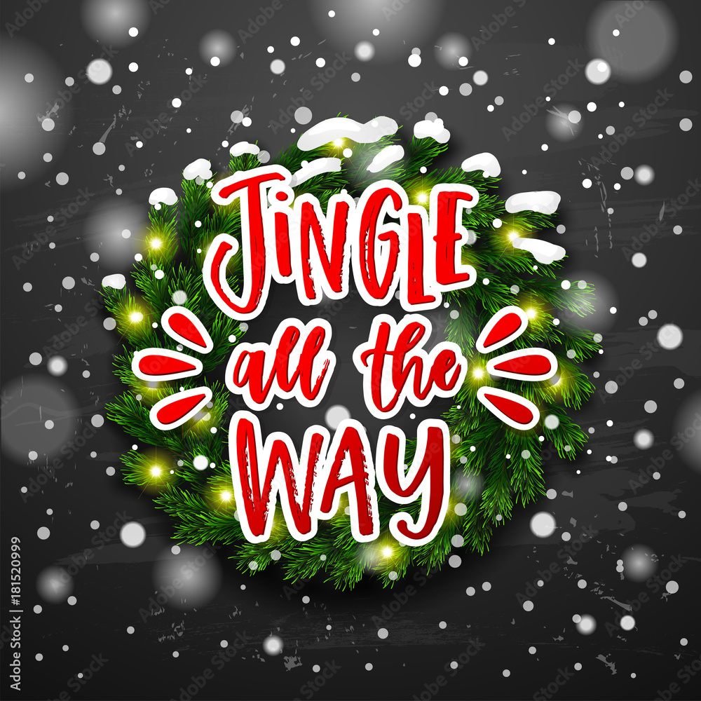 Christmas greeting card with gift box . Happy new year. Xmas vector background. Hand drawn calligraphy. concept handwritten Jingle all the way Christmas greeting card with gift box . Happy new year. Xmas vector background. Hand drawn calligraphy. concept handwritten Jingle all the way