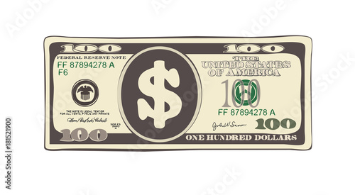 100 dollars in flat cartoon style. Vector design of bill one hundred dollars. Suitable for discount cards, leaflet, coupon, flyer, vouchers and other advertising. Simulate hand-drawn  illustration.