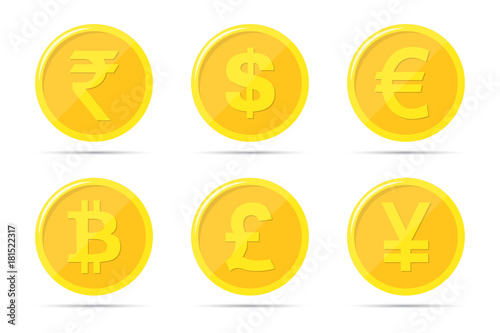 Set of icons of coins on the isolated white background. Bank notes of dollar, euro, pound sterling, yuan, rupee, bitcoin