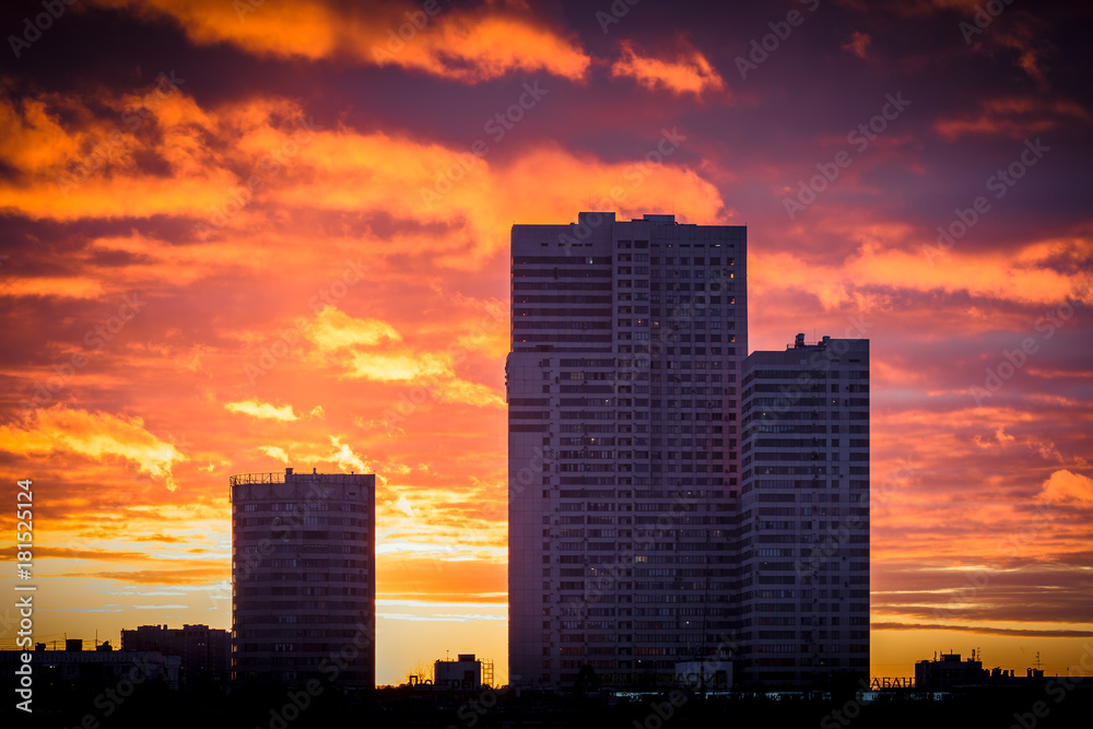 Modern residential building at sunset