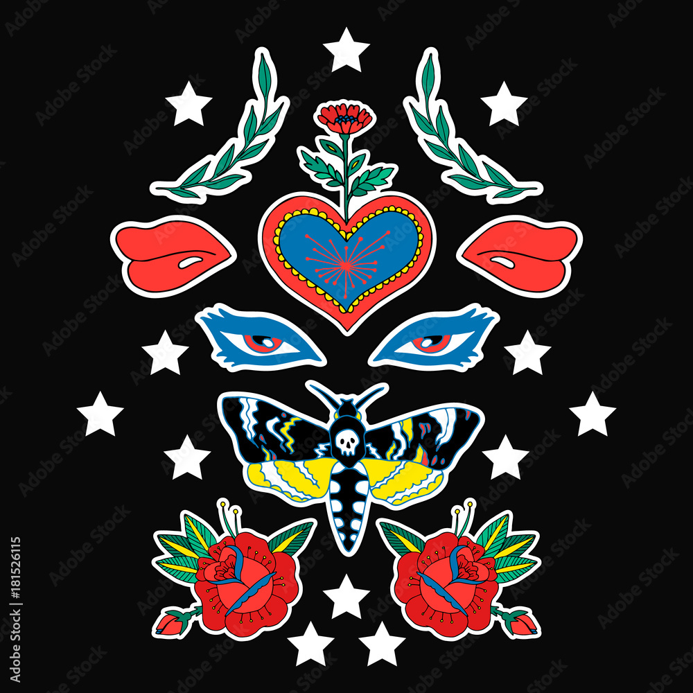 Butterfly, eye, heart and lips. Print on tshirts and other materials. Set of stickers, pins