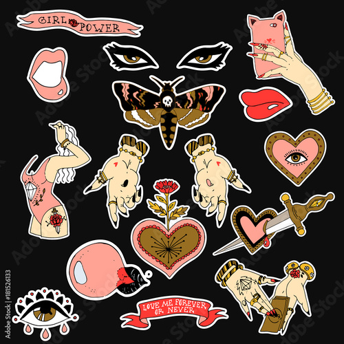Set of stickers, pins, patches and handwritten notes collection in cartoon. Hands, mole, heart, eye and letterings. Be my babe. Not your babe. Print on tshirts and other materials.