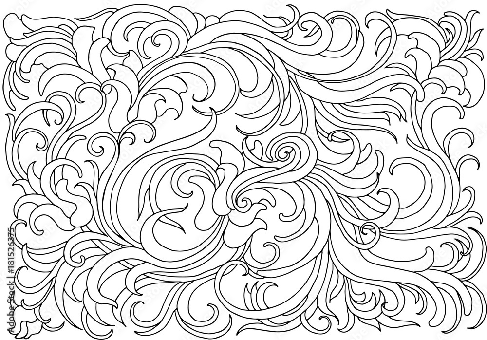 Background with abstract waves. Black and white doodle vector illustration. Coloring book for adult and older children. Coloring page. Outline drawing. Background with abstract waves. Black and white doodle vector illustration. Coloring book for adult and older children. Coloring page. Outline drawing.