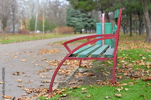 wooden park bench at a park