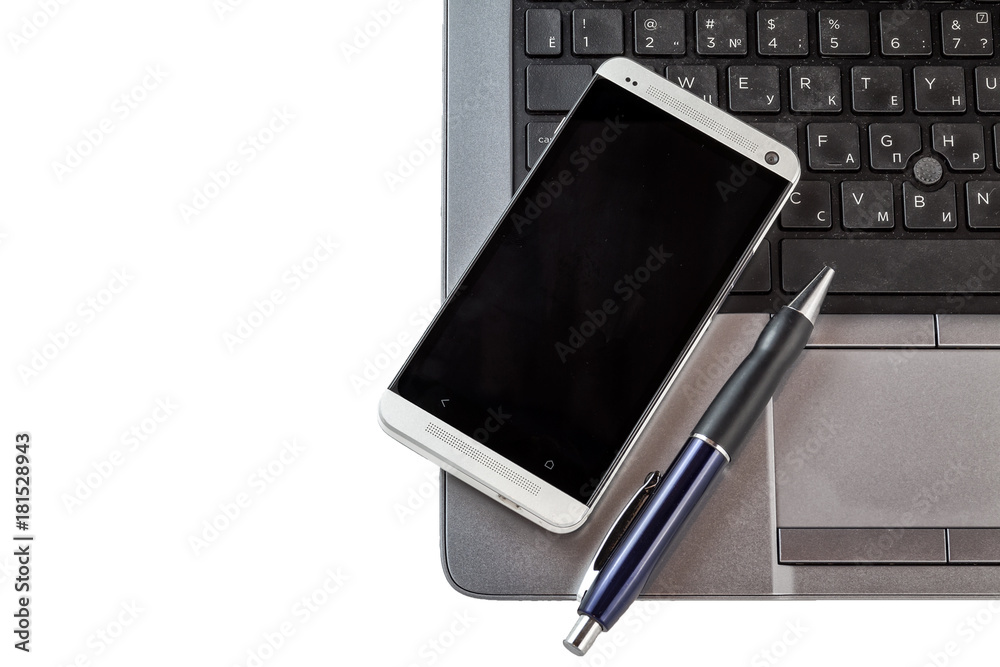 Laptop, phone, pen, isolated Laptop, phone, pen, isolated