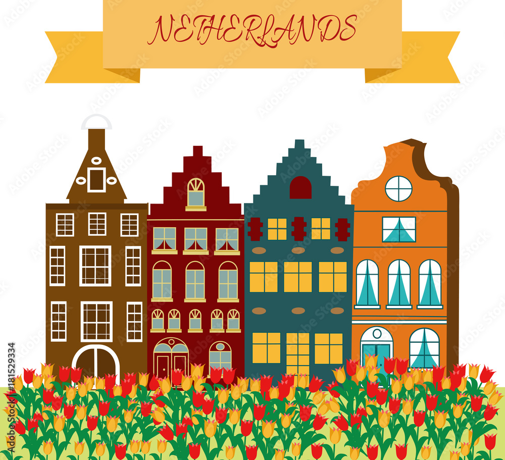 illustration in cartoon style with symbols of Amsterdam
