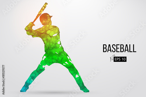 Silhouette of a baseball player. Dots, lines, triangles, text, color effects and background on a separate layers, color can be changed in one click. Vector illustration.