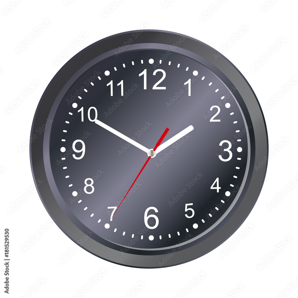 Classic black round wall clock isolated on white background. Mock-up for branding. Vector illustration Classic black round wall clock isolated on white background. Mock-up for branding. Vector illustration