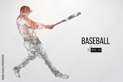 Silhouette of a baseball player. Dots, lines, triangles, text, color effects and background on a separate layers, color can be changed in one click. Vector illustration.