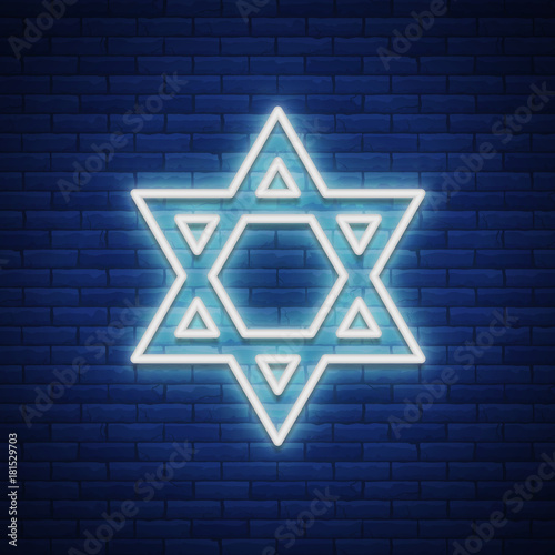 Star of David, neon sign. The symbol of Judaism. Vector illustration