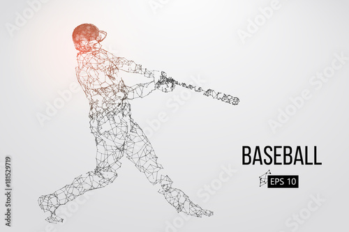 Silhouette of a baseball player. Dots, lines, triangles, text, color effects and background on a separate layers, color can be changed in one click. Vector illustration.