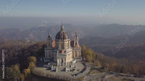 flying over Basilica of Superga in Turin from drone photo