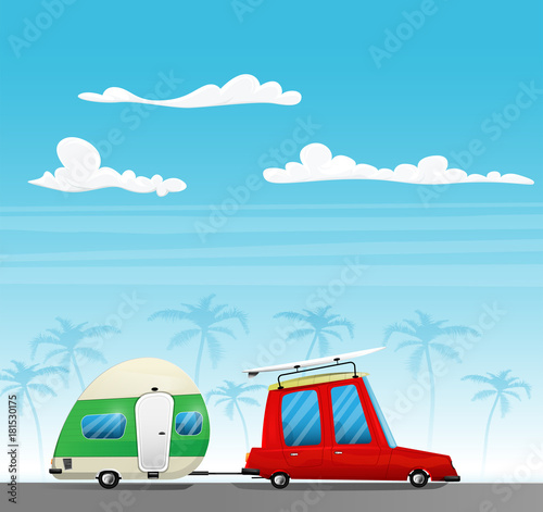 Retro car with surfboerd on the roof and white trailer.