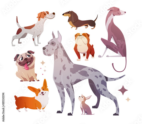 Cartoon dogs of different breeds and sizes.