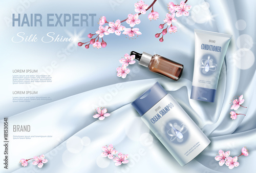 Hair cosmetic ad shampoo moisturizing conditioner serum. Light blue silk fabric water liquid drop flower sakura cherry blossom.3d realistic package mock up poster banner template vector illustration