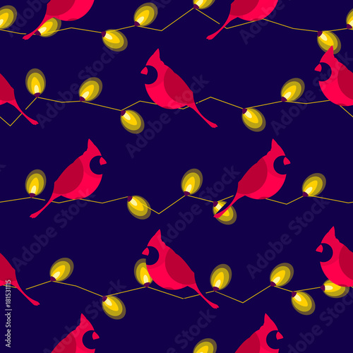 Seamless pattern with red cardinal and garland with yellow lights. Vector background.
