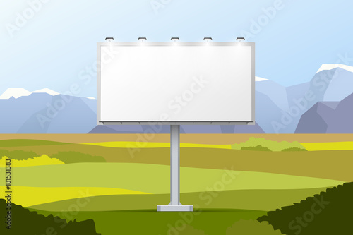 Empty billboard with lights on landscape with fields and mountains on background, flat illustration