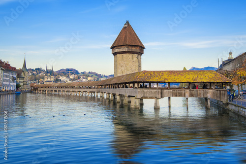 Lucerne, Switzerland. Historic city center with its famous Chapel Bridge and Mt. Pilatus on the background. (Vierwaldstattersee),