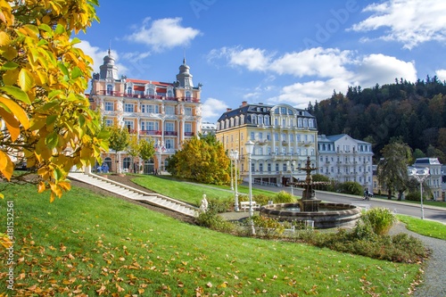 Obraz na plátne Goethe square and public park with fountain and spa houses in autumn - center of