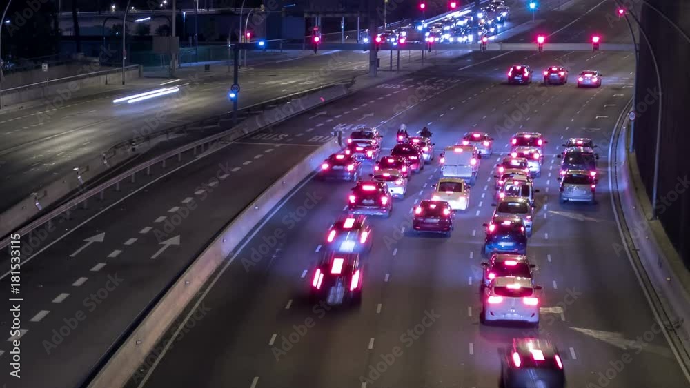 Scene of traffic at dusk in a main street of entry and exit of Barcelona. Fast double zoom , out and in. Hyper lapse.Trail effect.
Logos, car registrations, etc. are manually blurred frame by frame.