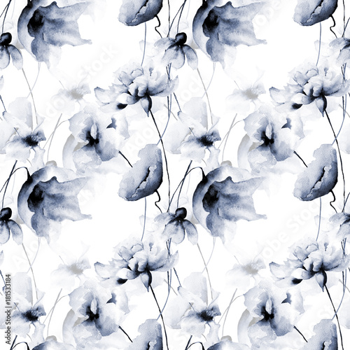 Seamless wallpaper with blue flowers