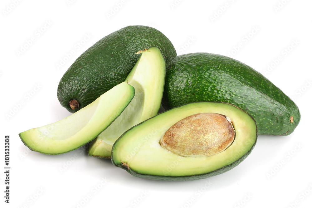 whole and half avocado isolated on white background close-up. Top view whole and half avocado isolated on white background close-up. Top view