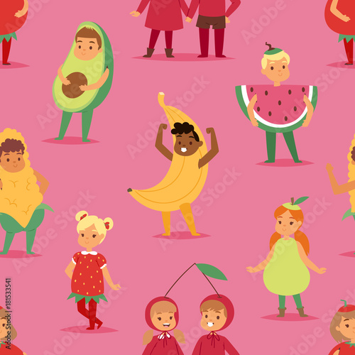 Kids children party fruits costume vector cartoon mask and dress festive boys and girls fancy childhood kid Christmas party characters illustration seamless pattern background