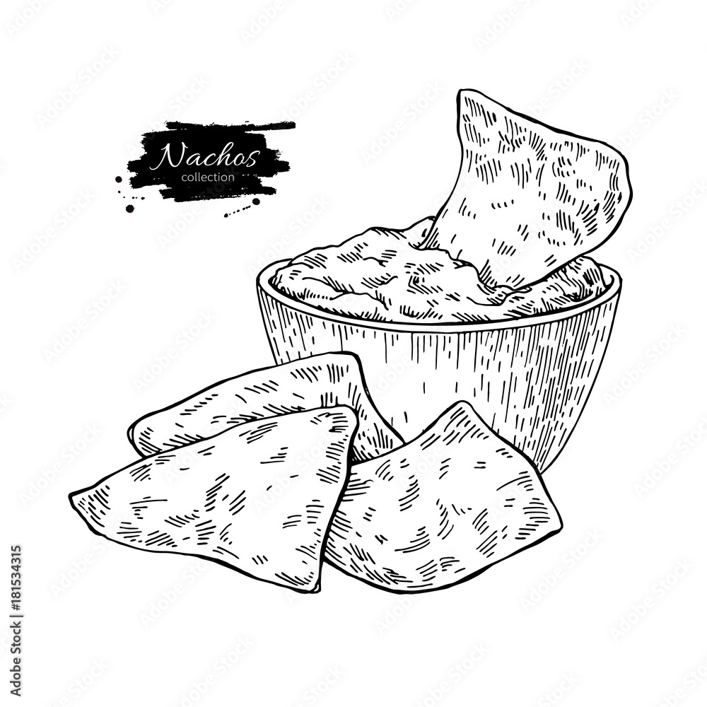 Nachos drawing. Traditional mexican food vector illustration. Stock