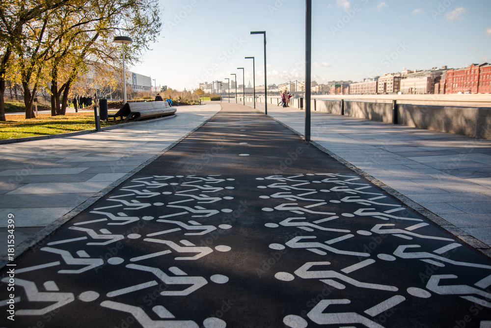 Fototapeta premium White painted pedestrian crossing sign on asphalt
