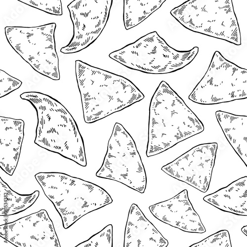 Nachos drawing. Seamless pattern. Traditional mexican food vector background.